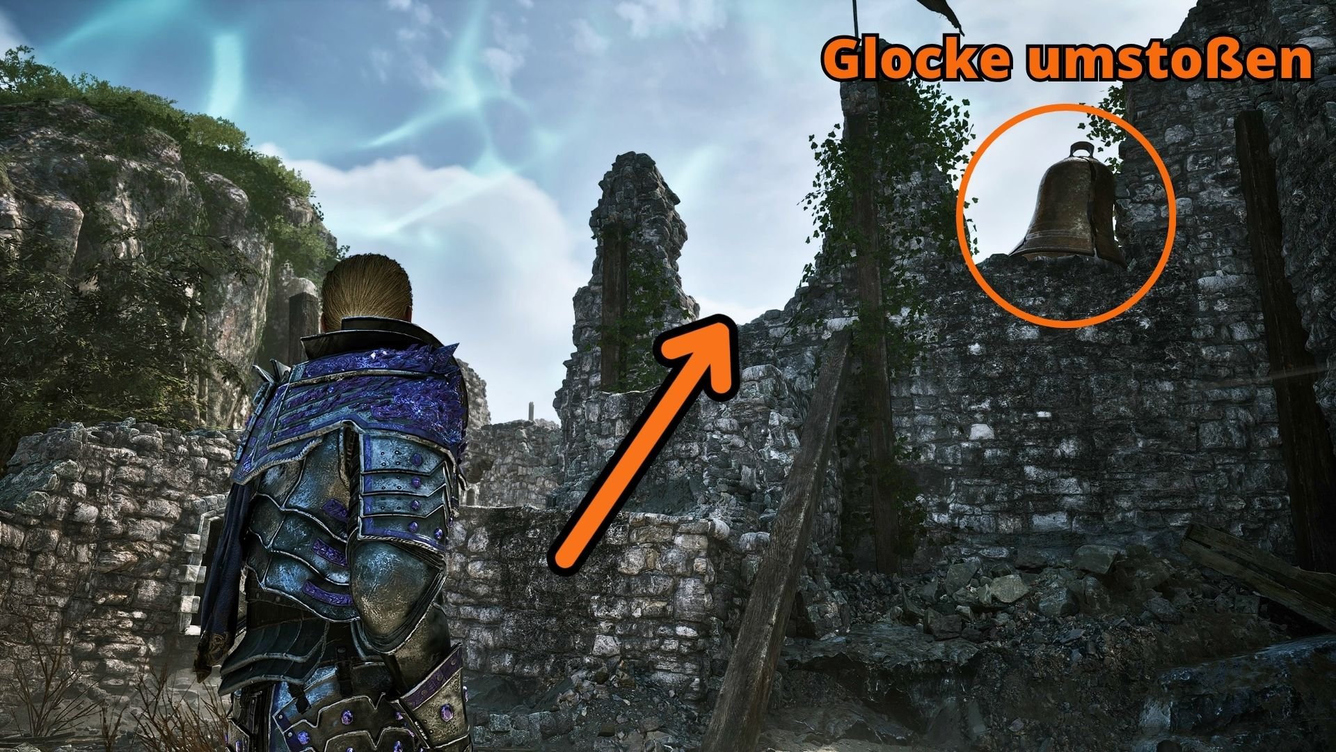 Climb up to the bell and knock it over to create a hole in the ground.