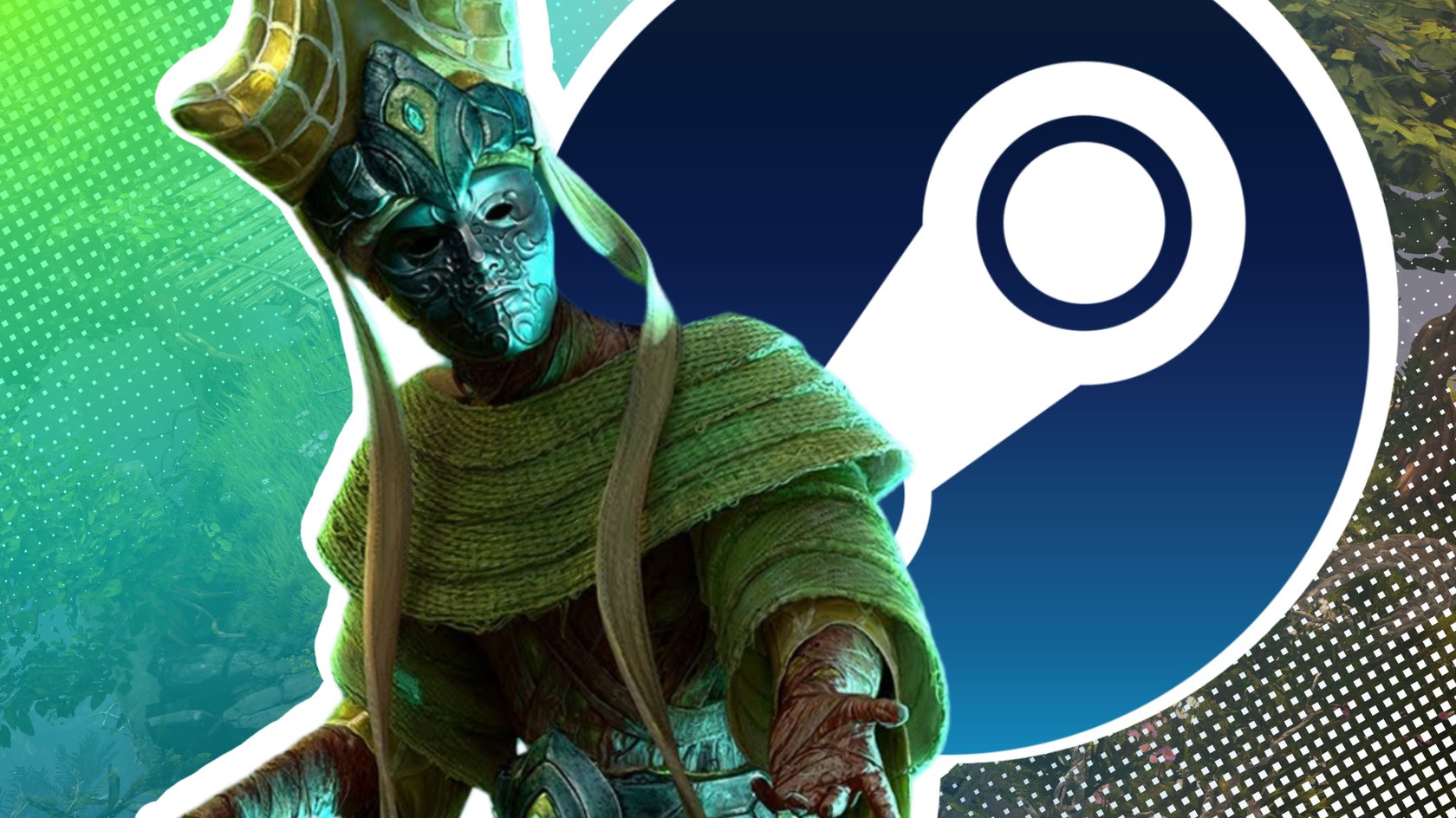 Character aus Last Epoch mit einer Metallmaske zusammen mit dem Szeam-Logo vor einem blaugrünen Hintergrund.
