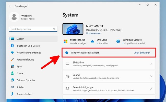 Windows 11 zeigt in den Einstellungen den Hinweis an, dass es nicht aktiviert ist.