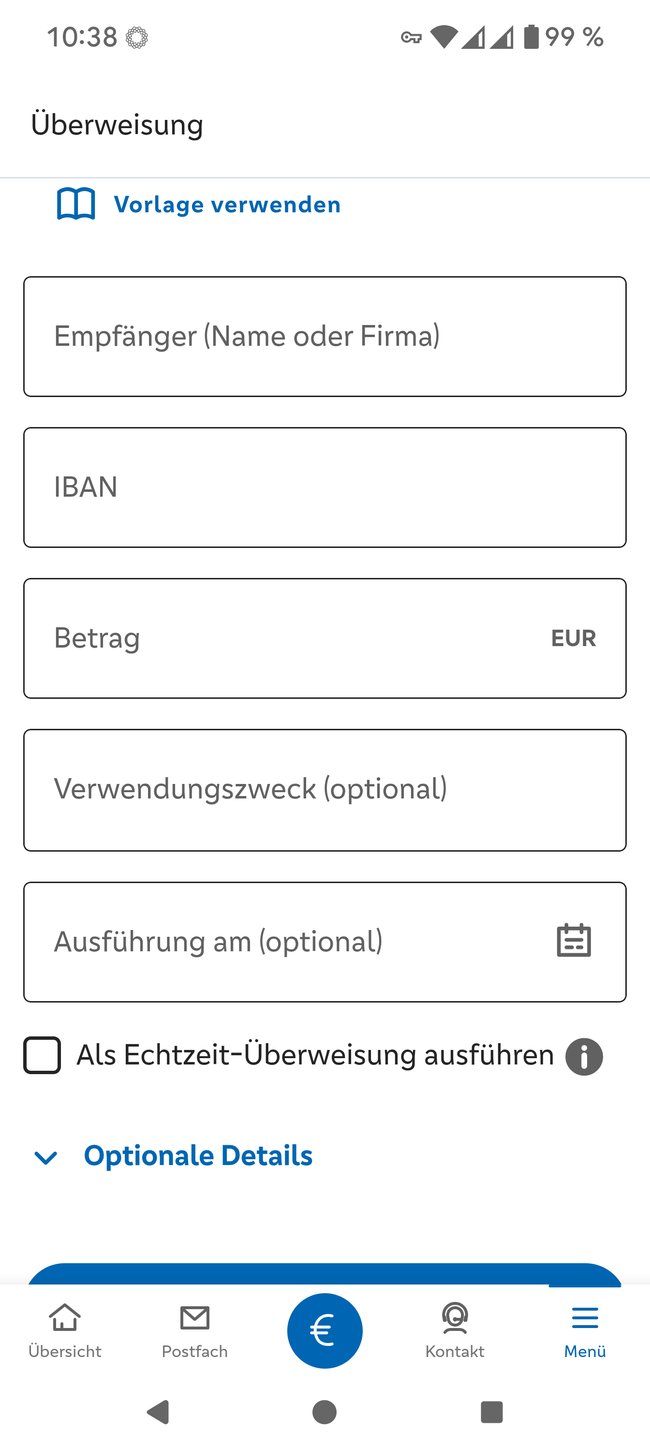 Screenshot einer Smartphone-App zur Durchführung einer Überweisung, mit Eingabefeldern für Empfänger, IBAN, Betrag in EUR und Verwendungszweck, sowie Optionen für Ausführungsdatum und Echtzeit-Überweisung.