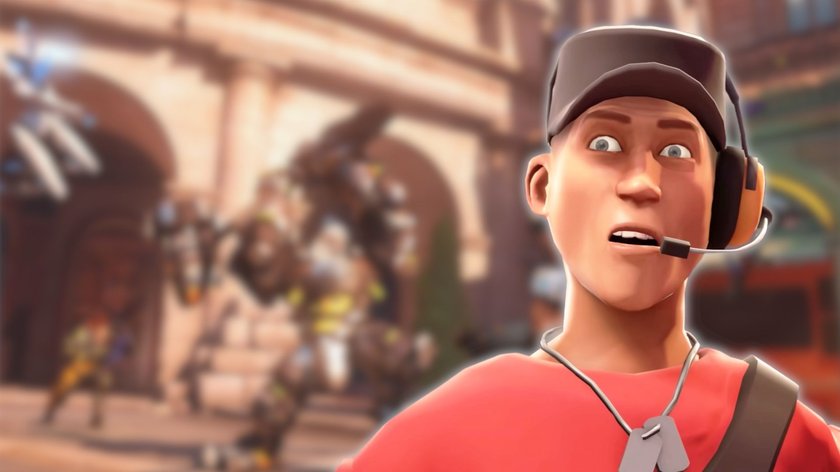 Team-Fortress-Charakter mit erstauntem Gesichtsausdruck vor einem Hintergrund aus Overwatch 2