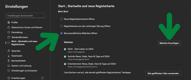 Hier könnt ihr in den Einstellungen von Microsoft Edge die Startseite anpassen