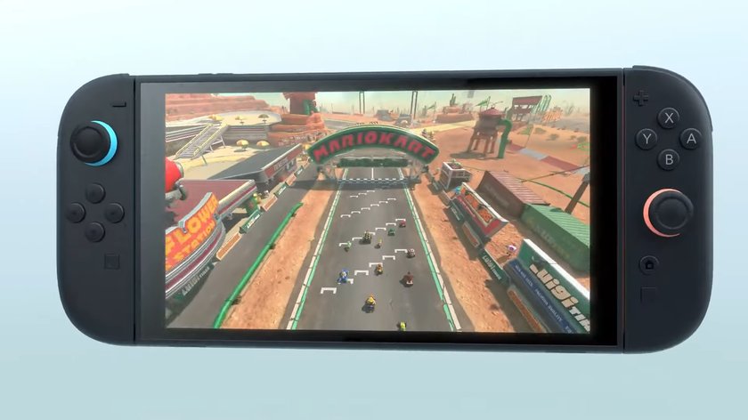 Screenshot aus dem Trailer für Switch 2, auf dem Bildschirm ist das neue Mario Kart zu sehen.