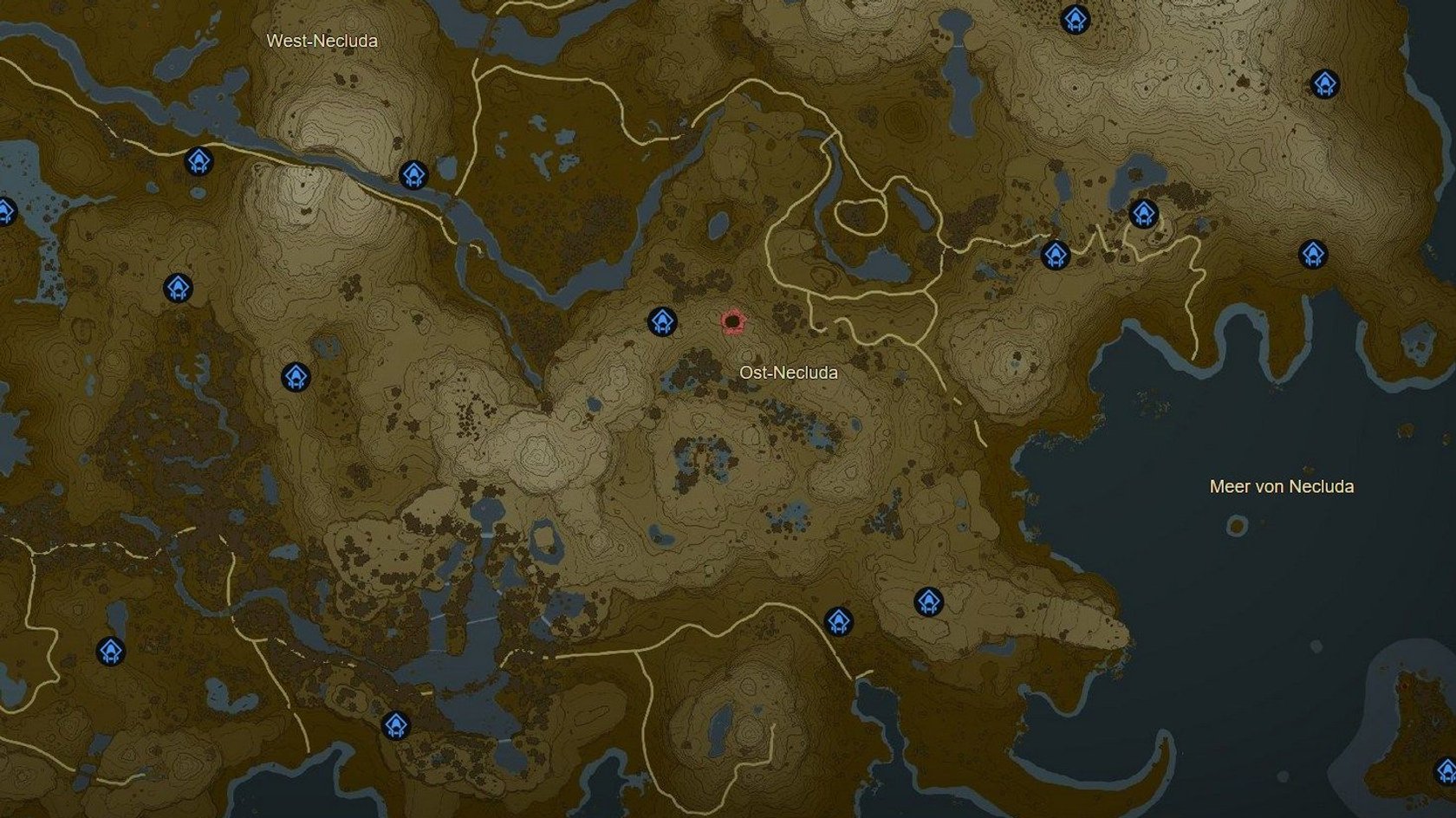 Eine Karte aus einem Videospiel zeigt die Region „Schlucht von Eldin“. Die Landschaft ist hügelig und in Brauntönen gehalten, mit mehreren Seen, Flüssen und Strassen. Blaue Symbole in Form von Häusern markieren wichtige Standorte, während ein rotes Symbol möglicherweise einen besonderen Ort kennzeichnet. Die Karte zeigt auch Wälder und offene Flächen, die durch die topografische Darstellung hervorgehoben werden.