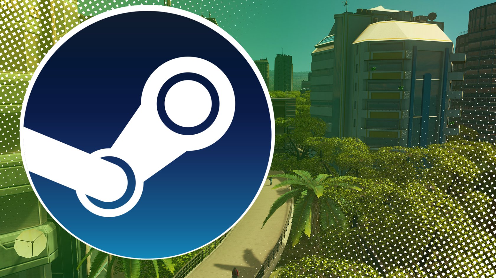 Stadt aus Cities: Skylines mit Bäumen und Fußgängerüberführung, im Vordergrund das Steam-Logo
