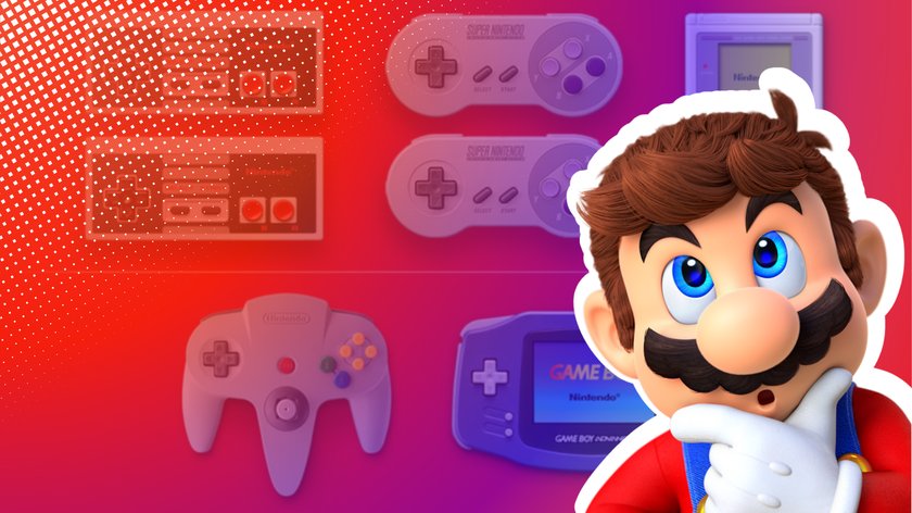 Illustration mit einer Auswahl klassischer Nintendo-Controller und Handheld-Konsolen auf einem rot-violetten Hintergrund mit Rastereffekt. Im Vordergrund ist Mario, die ikonische Videospiel-Figur, mit nachdenklichem Gesichtsausdruck und weißem Handschuh, der ans Kinn fasst.