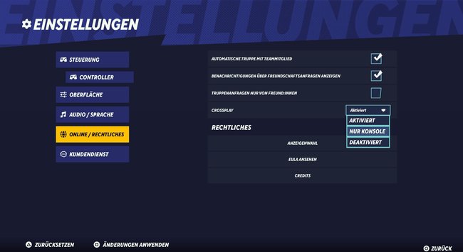 Einstellungen für Crossplay