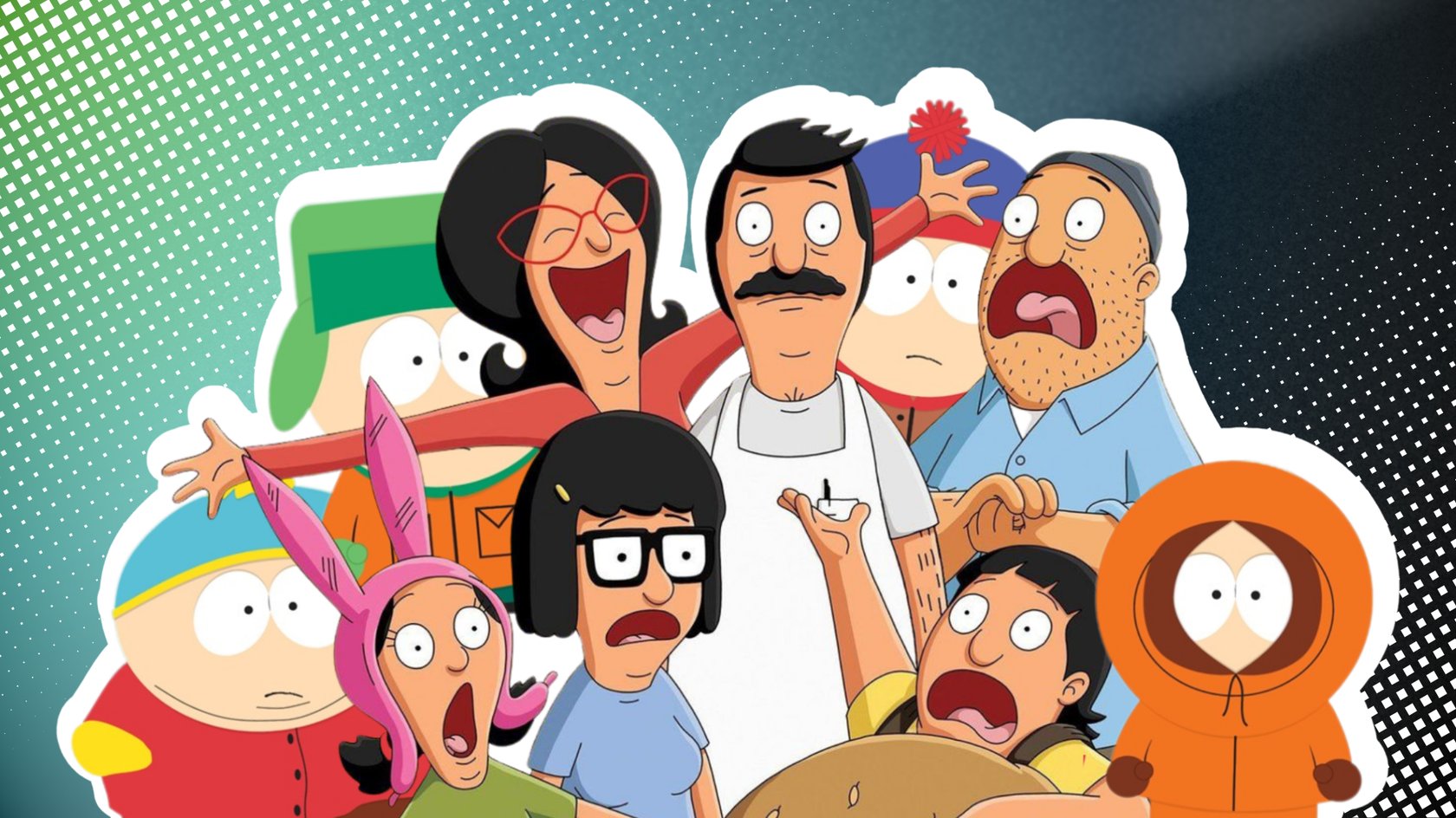 Mehrere Charaktere aus Bobs Burgers und South Park.
