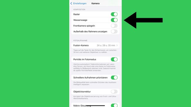 iPhone-Einstellungen zur Wasserwaage in der Kamera-App.