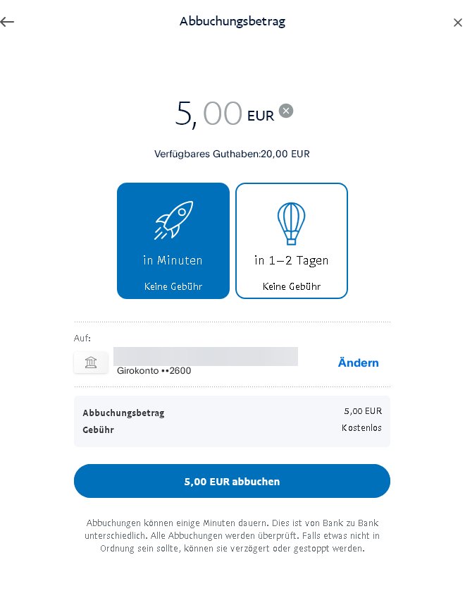 Screenshot einer Sofortüberweisung von Paypal zum eigenen Bankkonto.