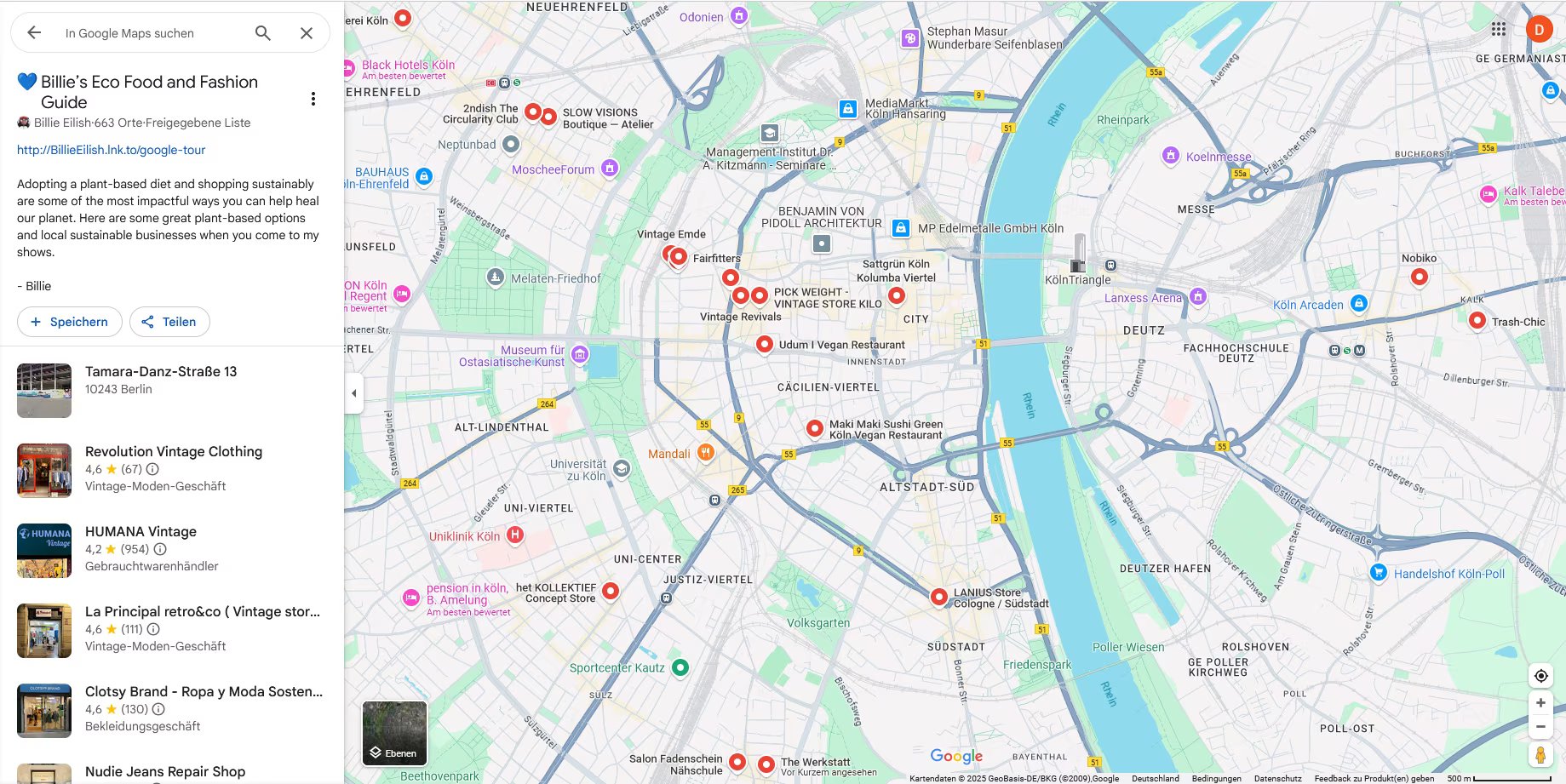 Liste auf Google Maps mit Namen „Billie’s Eco Food and Fashion Guide“.