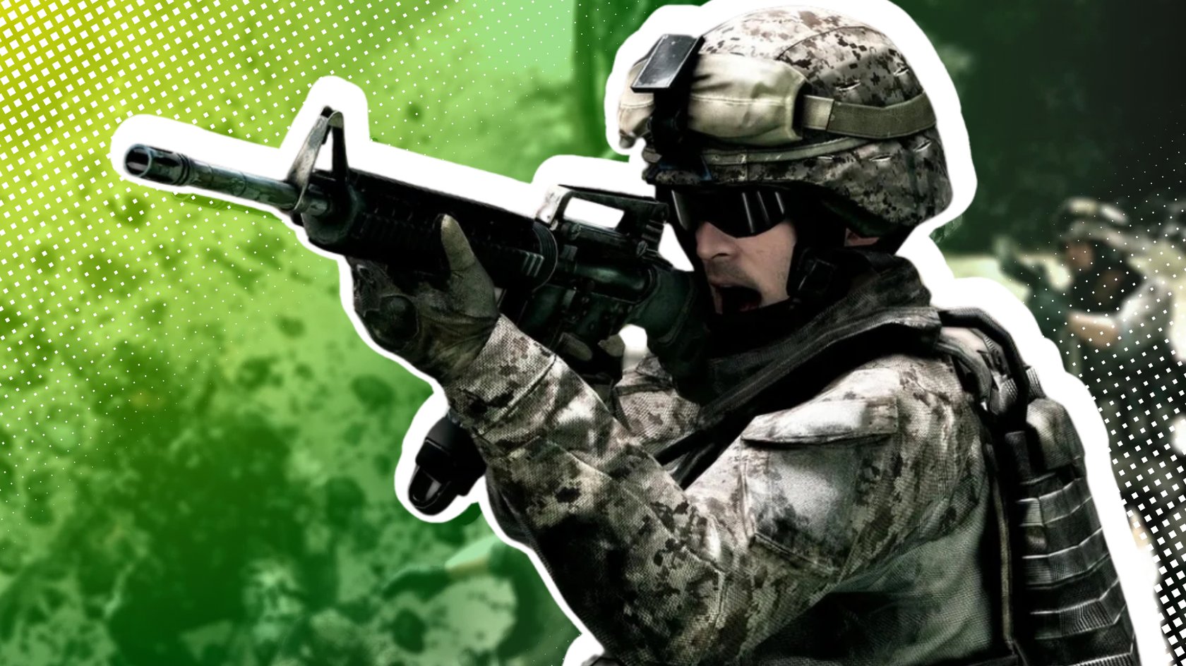 Soldat aus Battlefield 3 mit Gewehr in der Hand vor einem grünen Hintergrund.