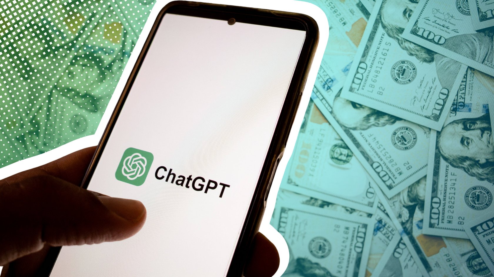 Handy wird mit einer Hand gehalten und zeigt das ChatGPT-Logo während im Hintergrund ganz viele US-Dollar-Noten zu sehen sind