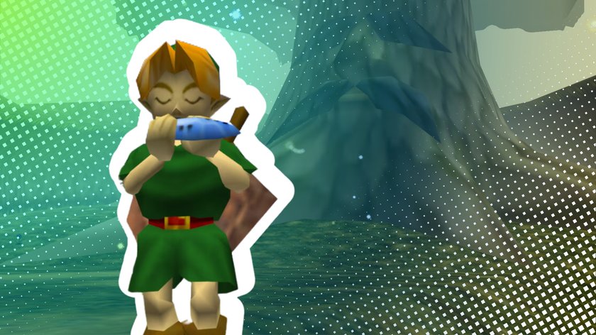 The Legend of Zelda Ocarina of Time. Link steht vor dem Deku-Baum