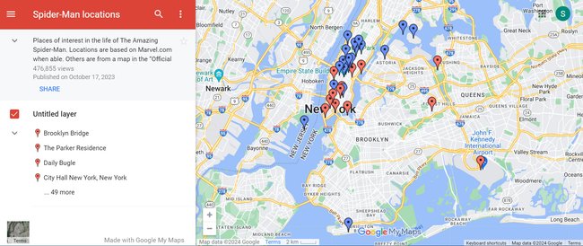 Die Liste von Google Maps mit den Orten aus „Spider-Man“
