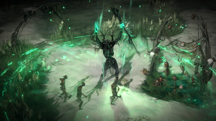 Screenshot aus Path of Exile 2 mit Monster und grüner Magie