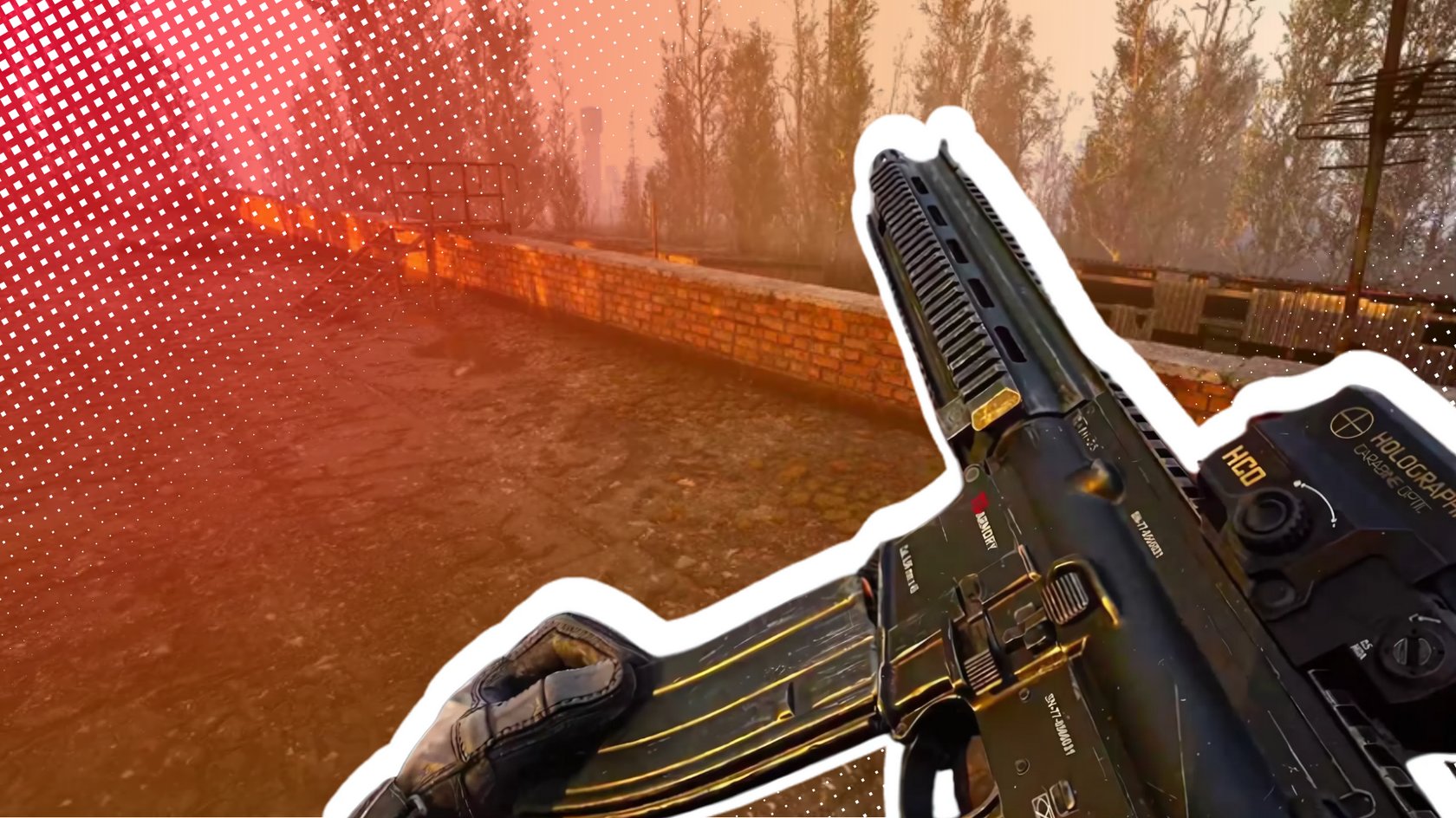 Eine digitale Grafik mit einem First-Person-Ansicht-Rendering: Im Vordergrund ist eine detaillierte Darstellung einer futuristischen Waffe mit holografischem Visier zu sehen. Der Hintergrund zeigt eine postapokalyptische Landschaft mit einer Backsteinmauer, kahlen Bäumen und einem roten Farbfilter, der den gesamten Bildstil überlagert. Punktierte grafische Muster im roten Bereich sorgen für einen stilisierten Effekt.