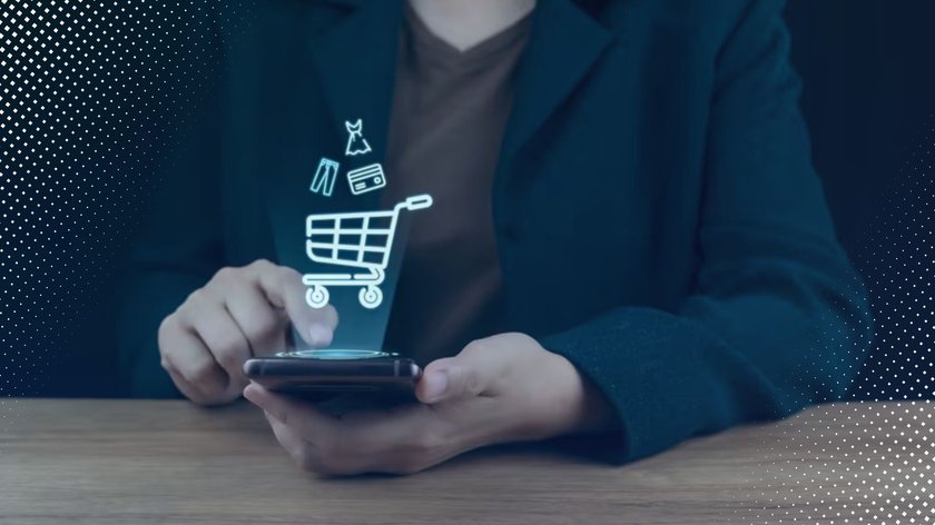 Online-Shopping am Smartphone, Einkaufswagen-Grafik schwebt über dem Display