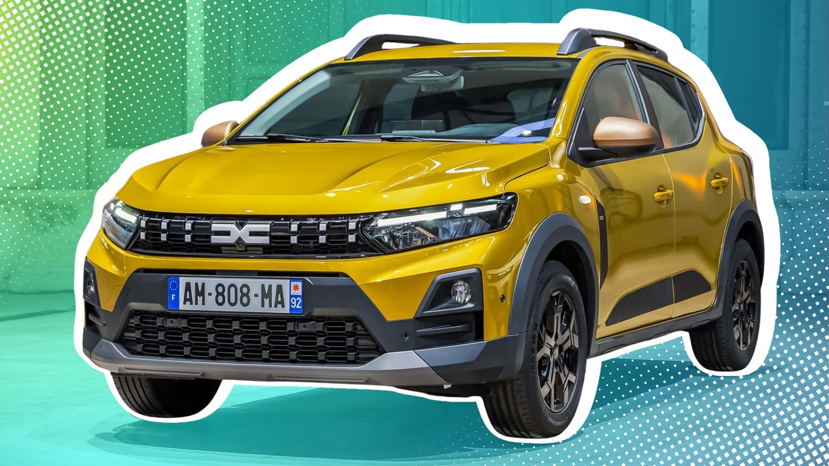 Das Bild zeigt einen gelben Dacia Sandero für das Jahr 2026.