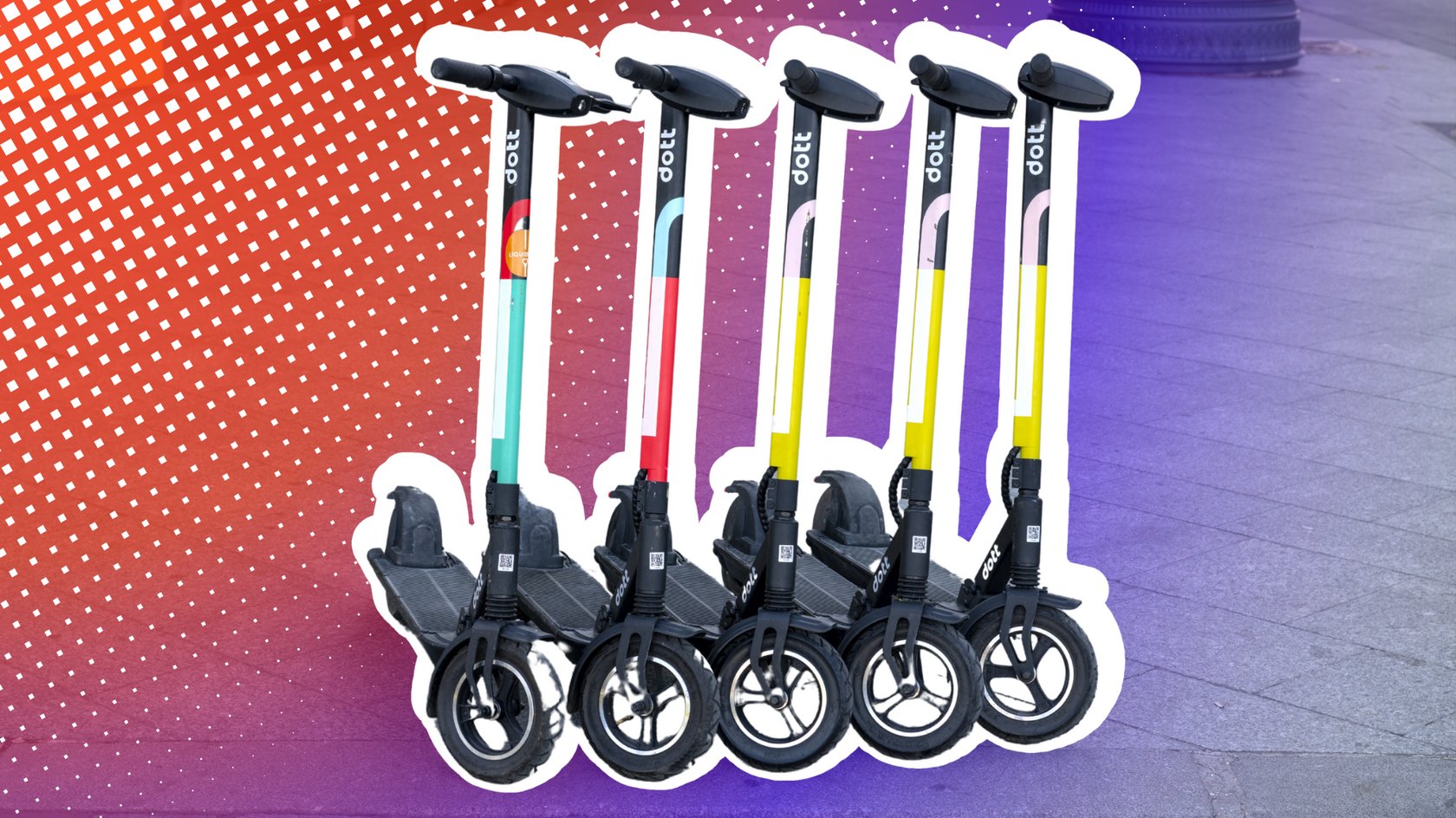 Fünf E-Scooter der Marke "Dott" stehen nebeneinander auf einem gepflasterten Gehweg. Die Lenker und Vorderräder sind nach vorne gerichtet. Die Stangen der Scooter haben unterschiedliche Farben, darunter Türkis, Rot, Gelb und Rosa. Der Hintergrund wurde digital bearbeitet und zeigt ein rotes, violettes und blaues Farbverlaufsmuster mit einem Raster aus weißen Punkten.