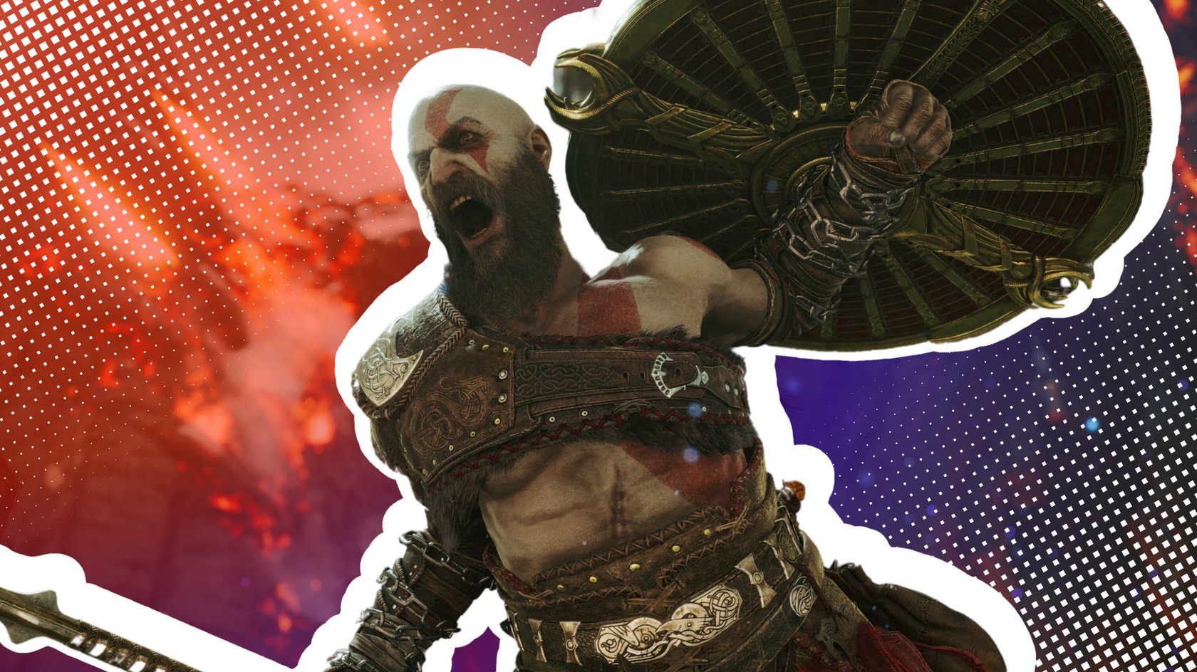 Kratos aus God of War mit Speer und Schild vor einem rötllichen Hintergrund.