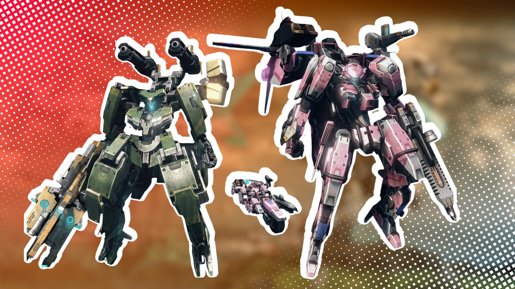 Zwei grosse, futuristische Kampfroboter, der linke in grün mit schweren Waffen und der rechte in rosa mit einem langen Gewehr, vor einem rot-braunen, gepunkteten Hintergrund. Ein kleinerer, rosa Roboter befindet sich zwischen den beiden grösseren.