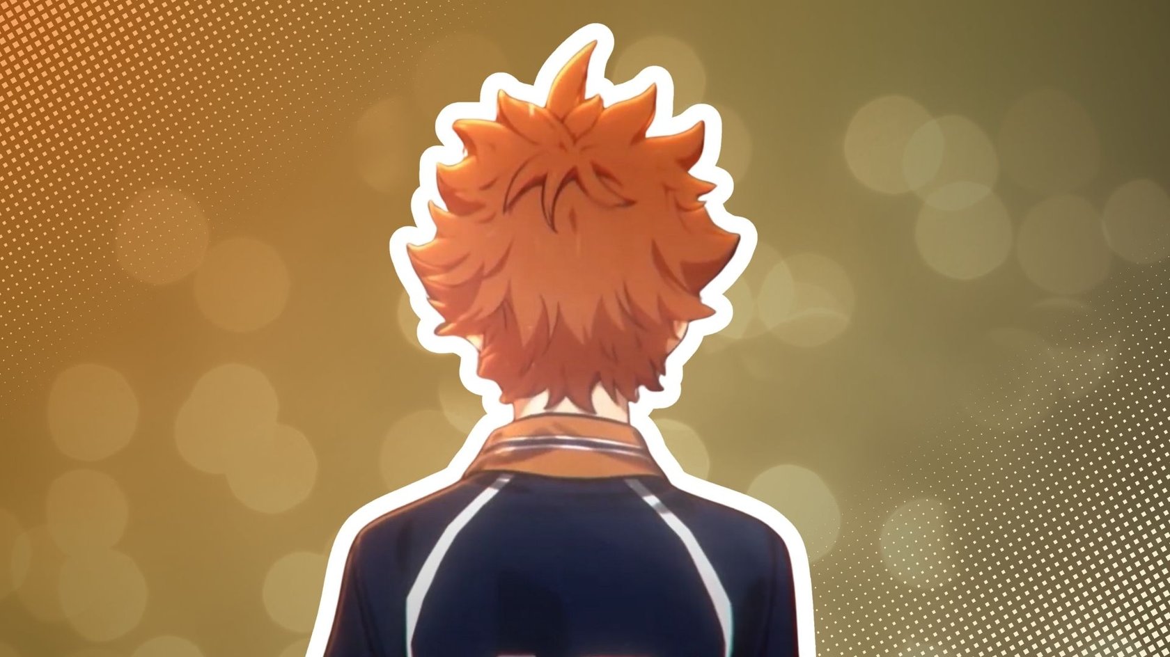 Anime-Zeichnung eines rothaarigen Charakters (Shoyo Hinata) von hinten, mit stacheligen Haaren und einem dunkelblauen Sporttrikot mit weißen Streifen und der Rückennummer 10. Der Hintergrund ist in warmen Gelb- und Brauntönen, mit Rastereffekten gestaltet.