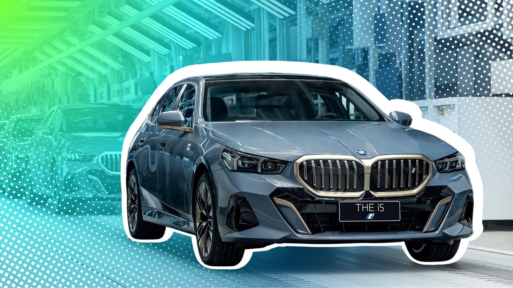 Elektroauto BMW i5 bei der Produktion vor grün-blauem Hintergrund