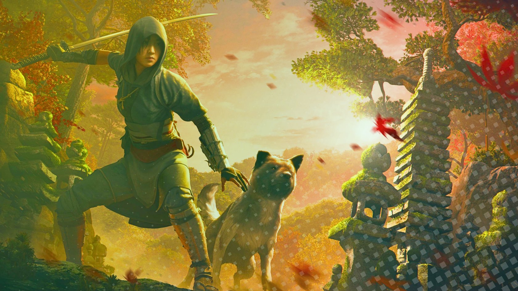 Naoe und ein Hund aus AC Shadows