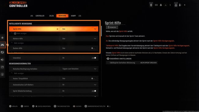 Stellt in CoD Black Ops 6 die intelligenten Bewegungen auf Aus.