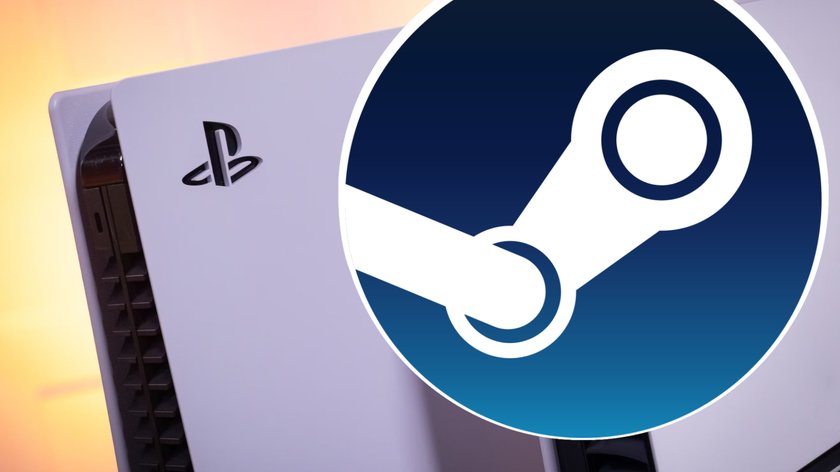 PS5-Konsole und das Steam-Logo im Vordergrund.