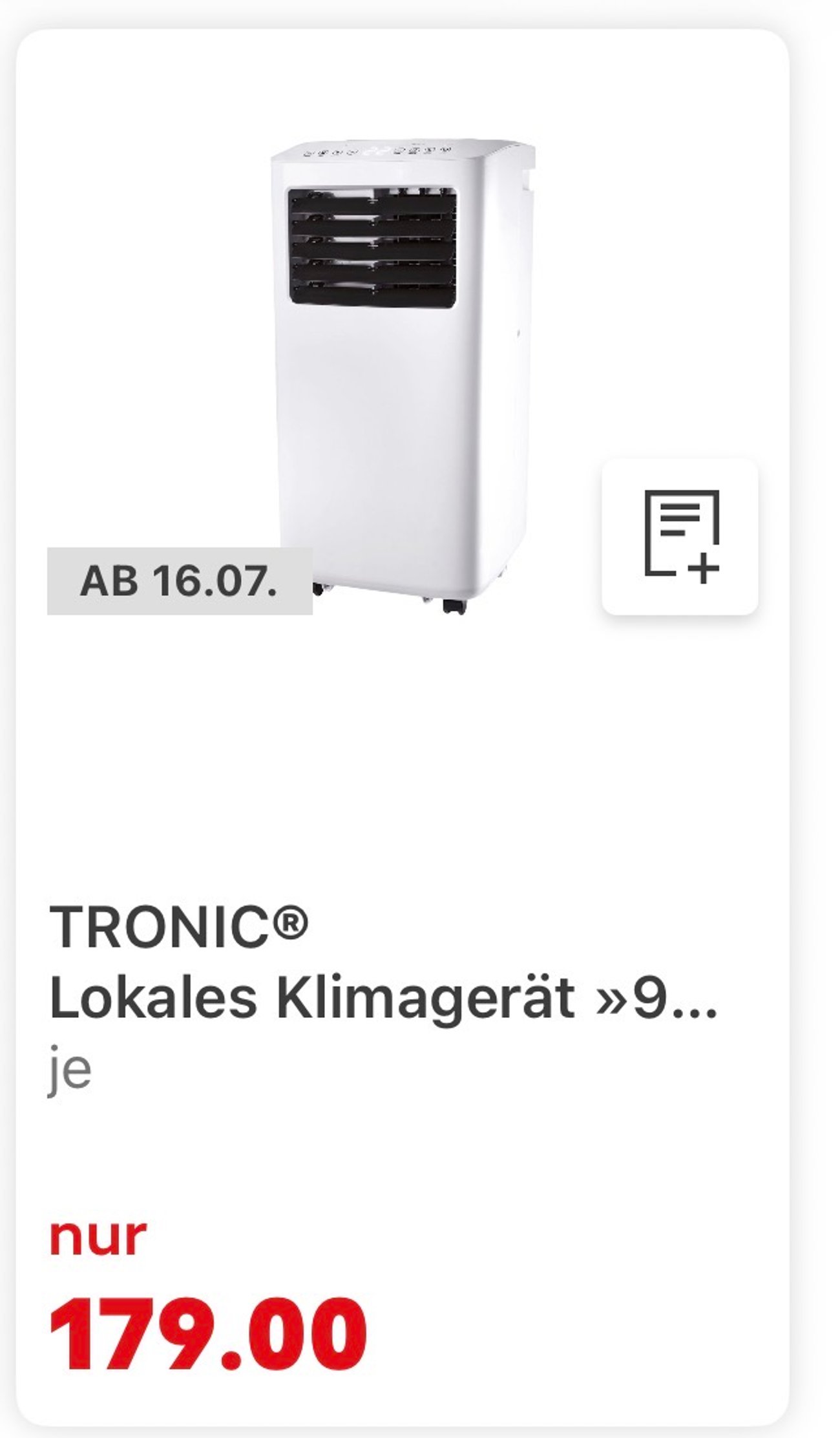 Kaufland App zeigt Tronic Klimagerät für 179 Euro ab 16. Juli