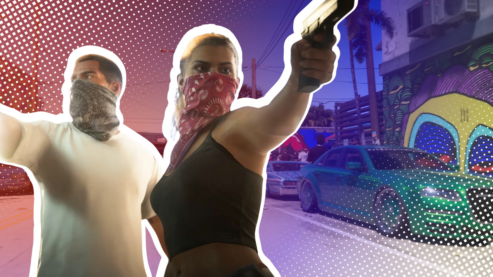 Lucia und Jason mit gezogenen Pistolen vor einem Screenshot aus GTA 6, der eine Straße zeigt. 