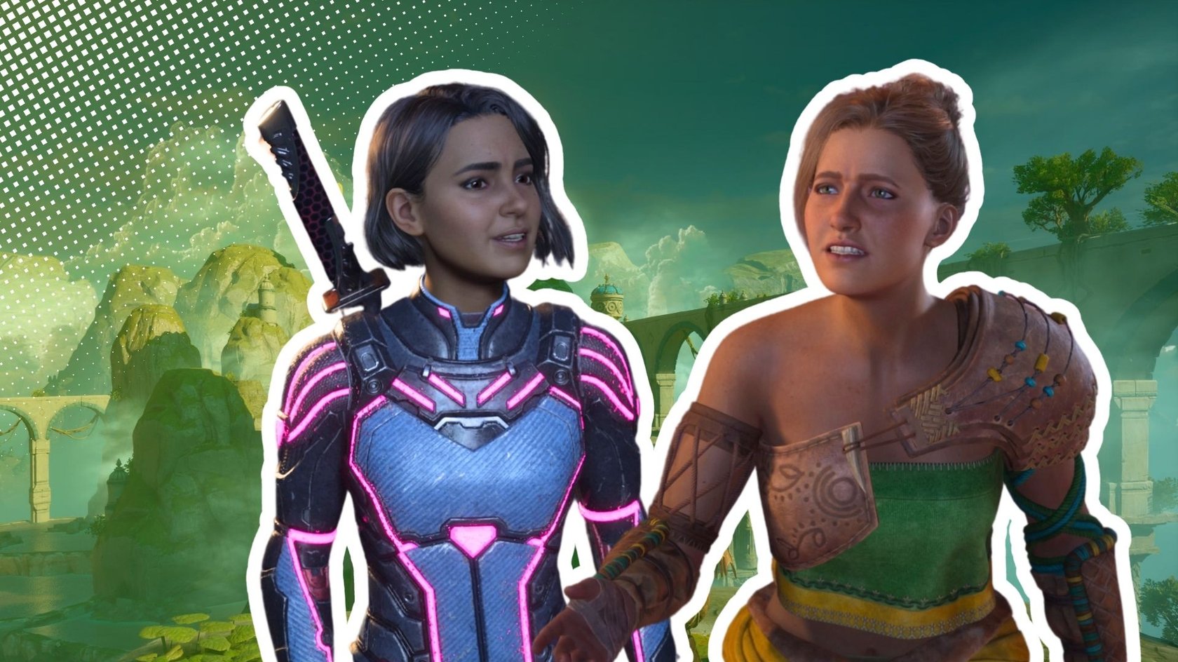 Das Bild zeigt Mio mit einem Sci-Fi-Outfit und einem Katana auf dem Rücken. Zoe trägt ein Fantasy-Outfit und steht rechts von Mio. Beide sind weiß umrandet und hervorgehoben.