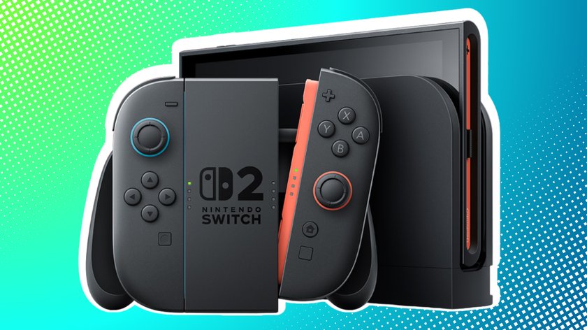 Nintendo Switch vor einem blaugrünen Hintergrund.