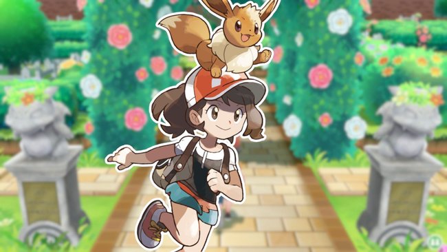 Screenshot aus Pokémon: Let's Go, Evoli!, davor Artwork einer Trainerin mit Pokémon Evoli