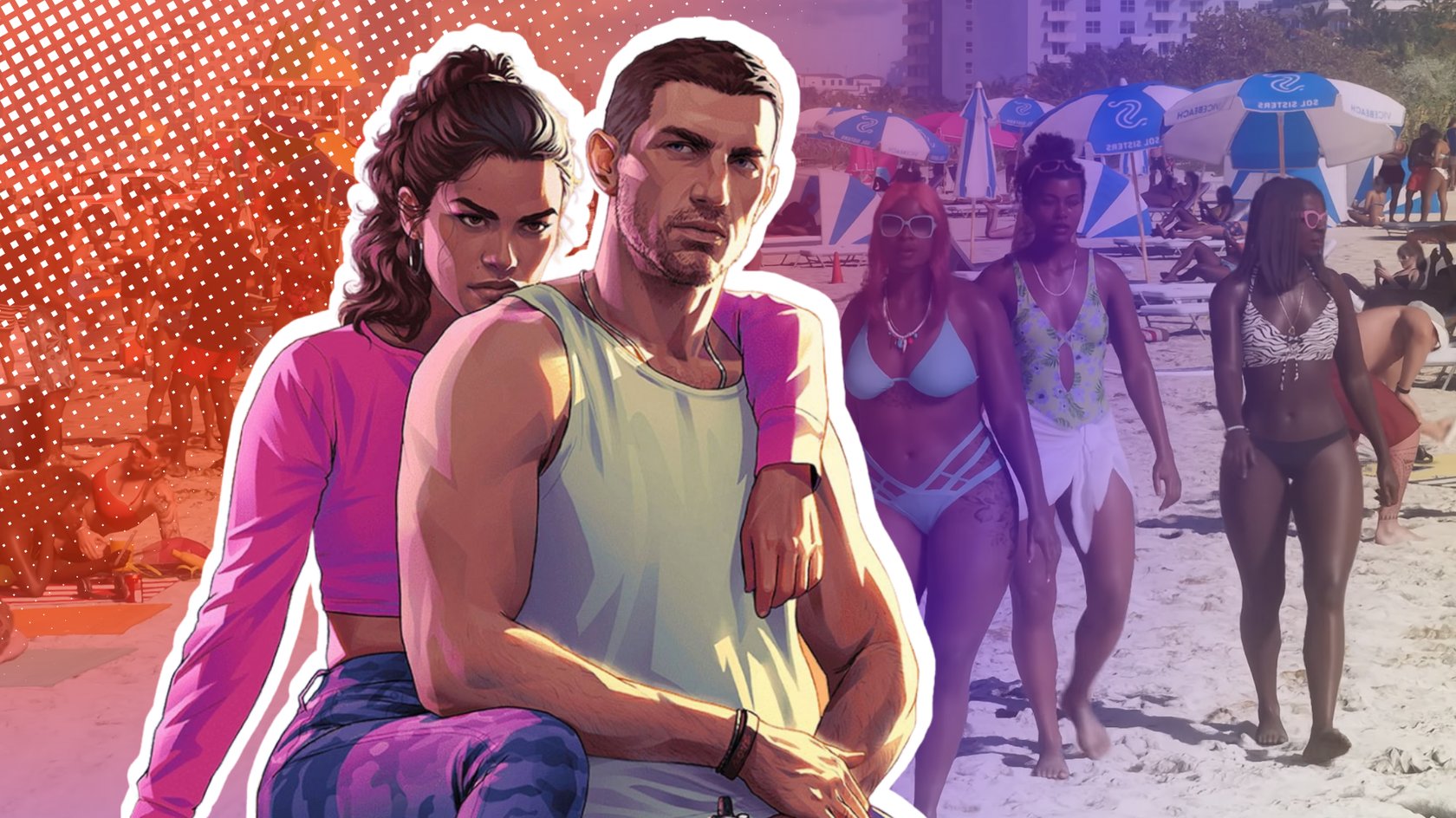 Lucia und Jason aus GTA 6, im Hintergrund der Strand mit Badegästen aus dem Trailer für GTA 6.