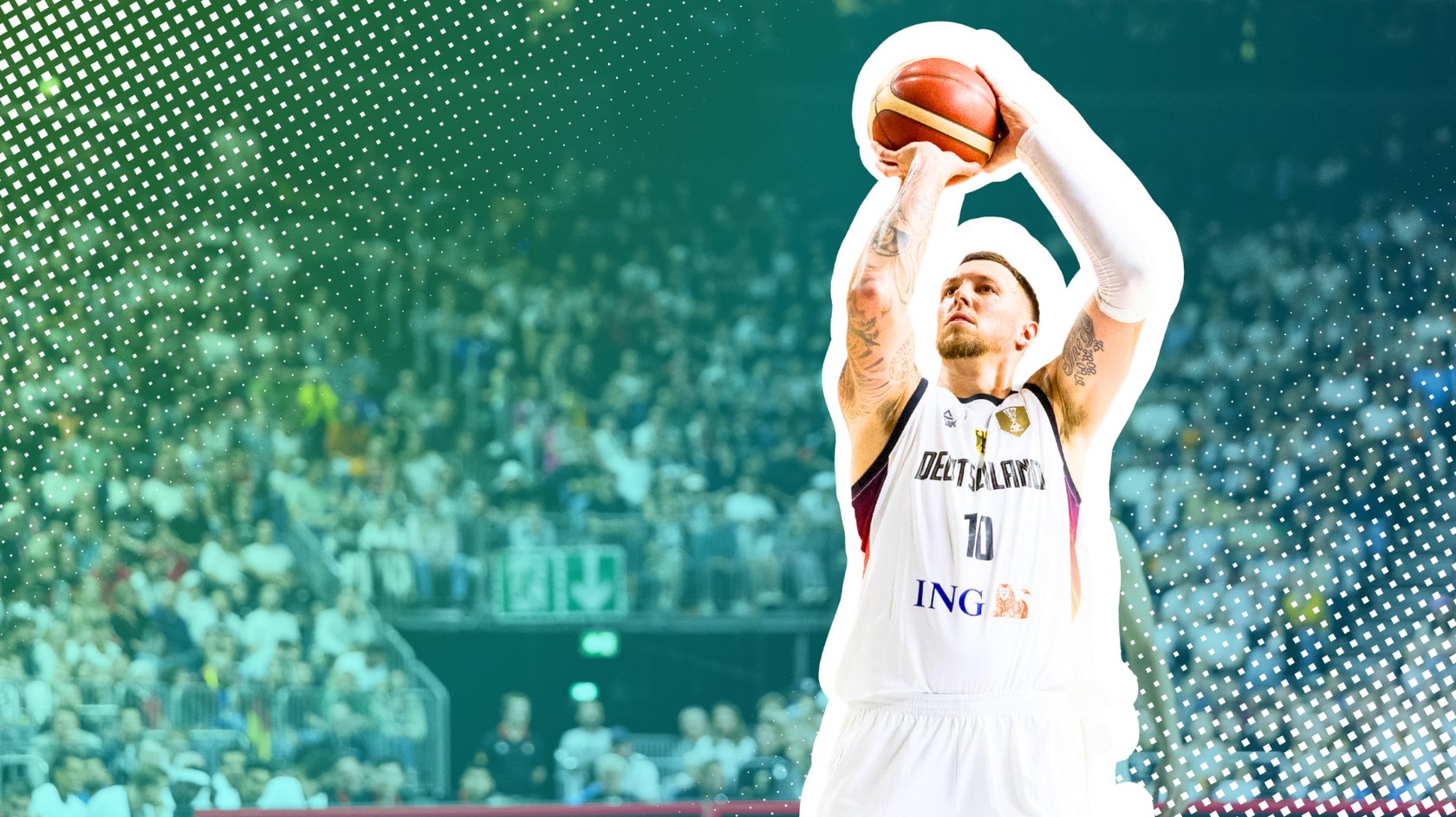 Ein Moment aus dem Basketball-Testspiel zwischen Deutschland und Spanien am 23. August 2025: Daniel Theis, mit der Nummer 10 auf dem Trikot der deutschen Nationalmannschaft, wirft den Basketball von der Freiwurflinie.