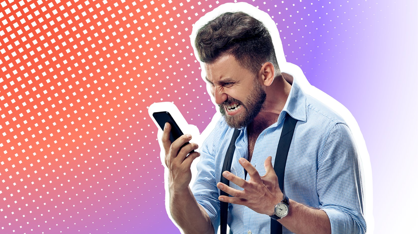 Ein wütender Mann mit Bart und hochgestylten Haaren schreit in sein Smartphone. Sein Gesichtsausdruck zeigt Ärger und Frustration, während er mit einer Hand gestikuliert.