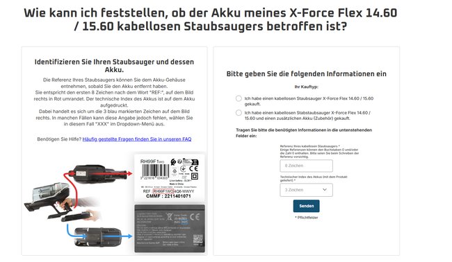 Auf der Website von Rowenta muss die Referenznummer eingegeben werden