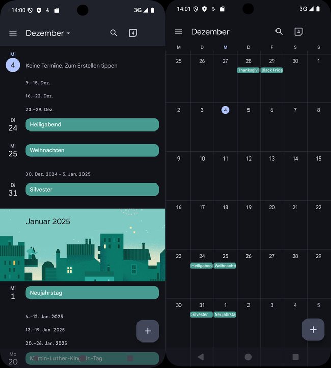 Google-Kalender: So sieht die App im dunklen Design aus.