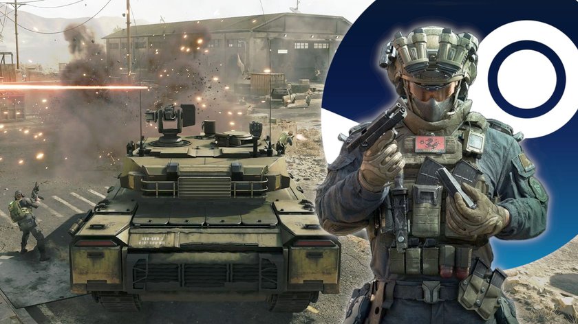 Operator aus Delta Force vor dem Steam-Logo, im Hintergrund ist ein Kampfpanzer im Einsatz