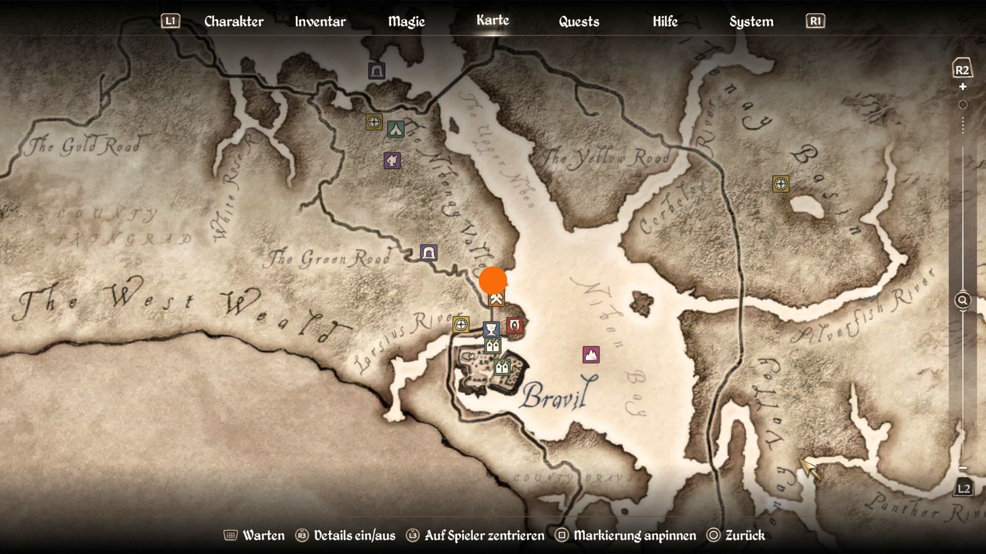 Fundort des Wegschreins Zenithar markiert mit einem orangen Punkt auf der Karte von Oblivion Remastered