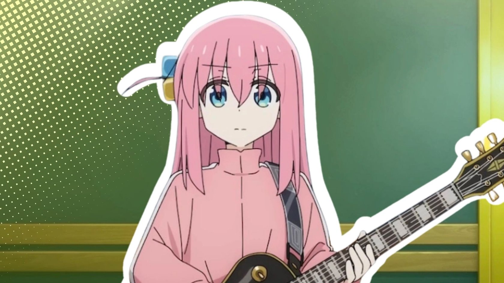 Das Bild zeigt Hitori Gotoh mit einer Gittare in der Hand. Sie ist weiß umrandet.
