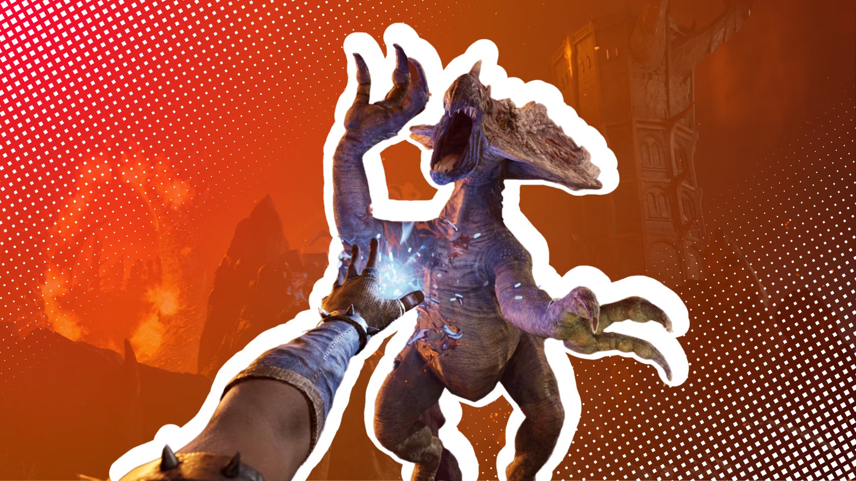 Illustration eines Videospiels: Ein Spielercharakter mit ausgestrecktem Arm, aus dem blaue Magie strömt, greift einen grossen, dinosaurierähnlichen Kreatur mit aufgerissenem Maul an. Der Hintergrund zeigt eine feurige, apokalyptische Landschaft mit einer Burg und orangefarbenem Himmel. Stilisiert mit einem weissen Rand um die Kreatur und einem gepunkteten Muster.