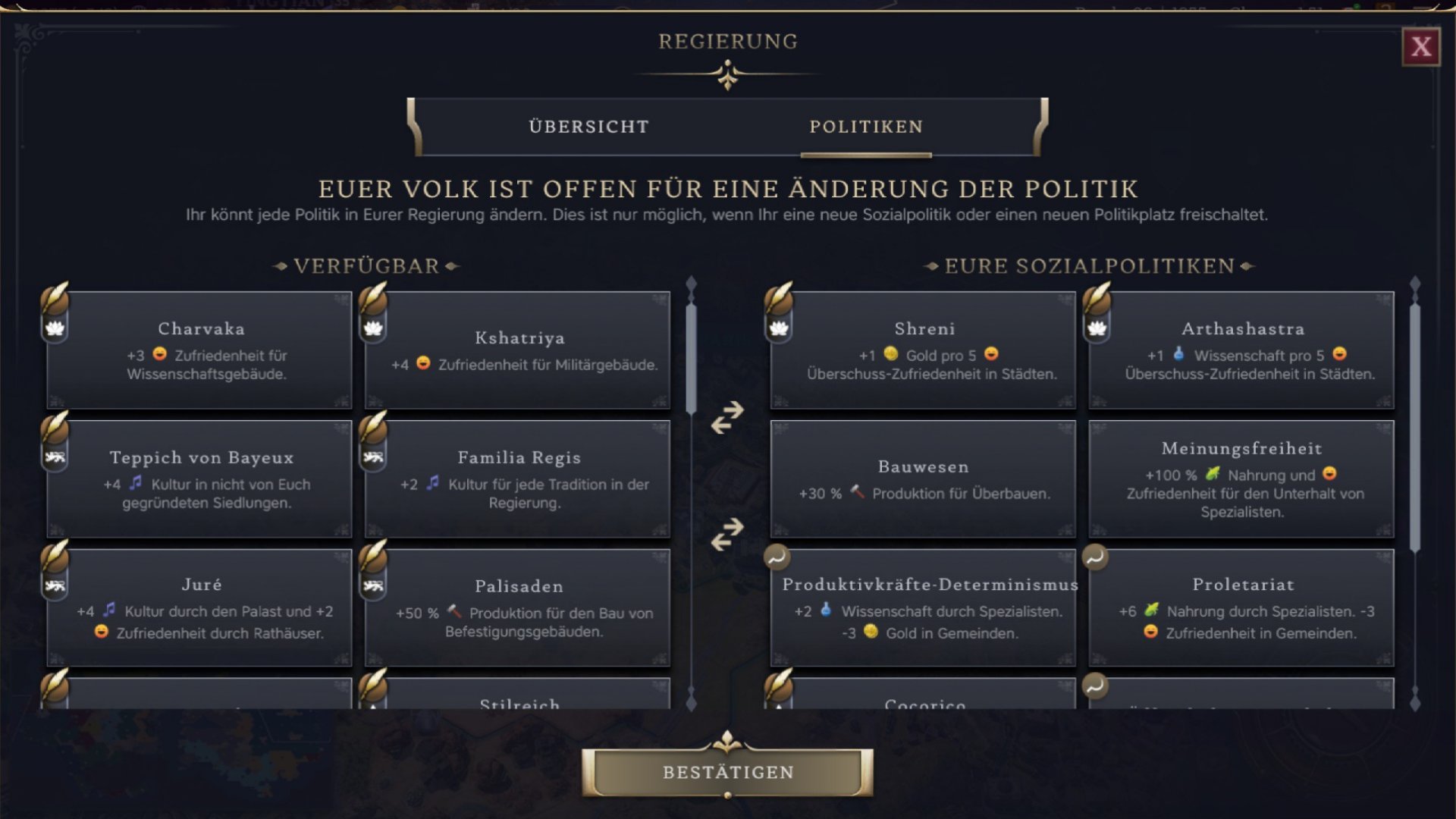 Sozialpolitikbildschirm in Sid Meier’s Civilization 7.