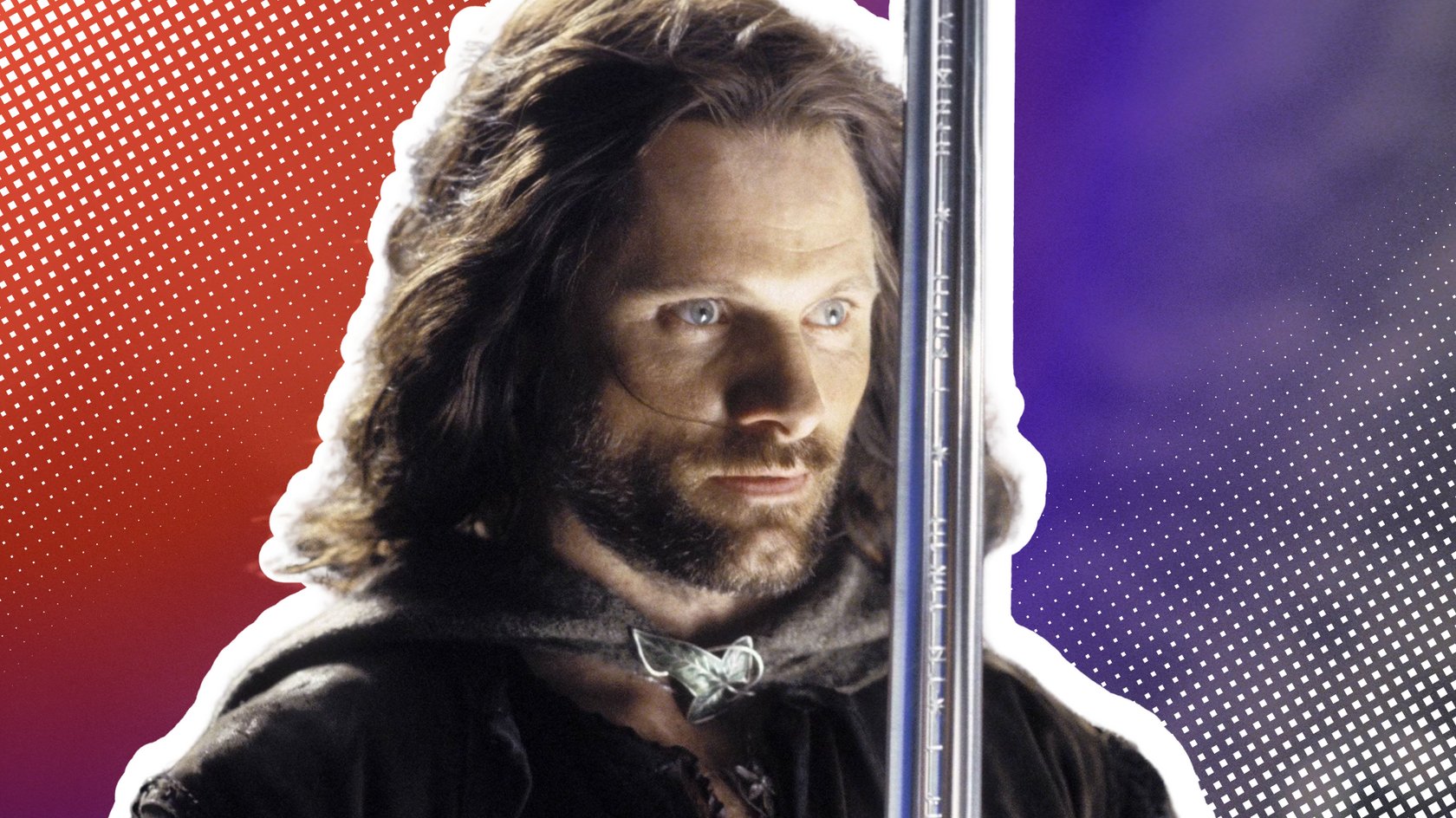 Aragorn aus den Filmen zu Der Herr der Ringe vor einem roten Hintergrund. 
