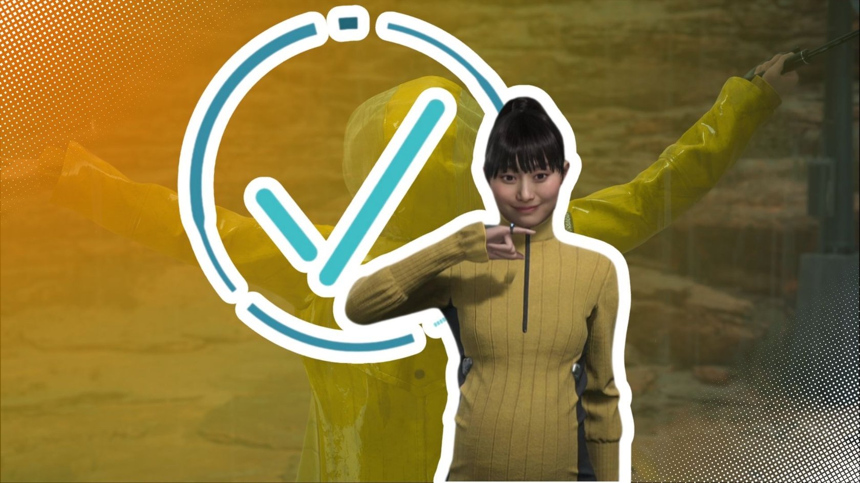Rainy in Death Stranding 2 On the Beach mit der Gester mit der sie ihre Rätsel einleitet und der Haken der die richtige Antwort darstellt