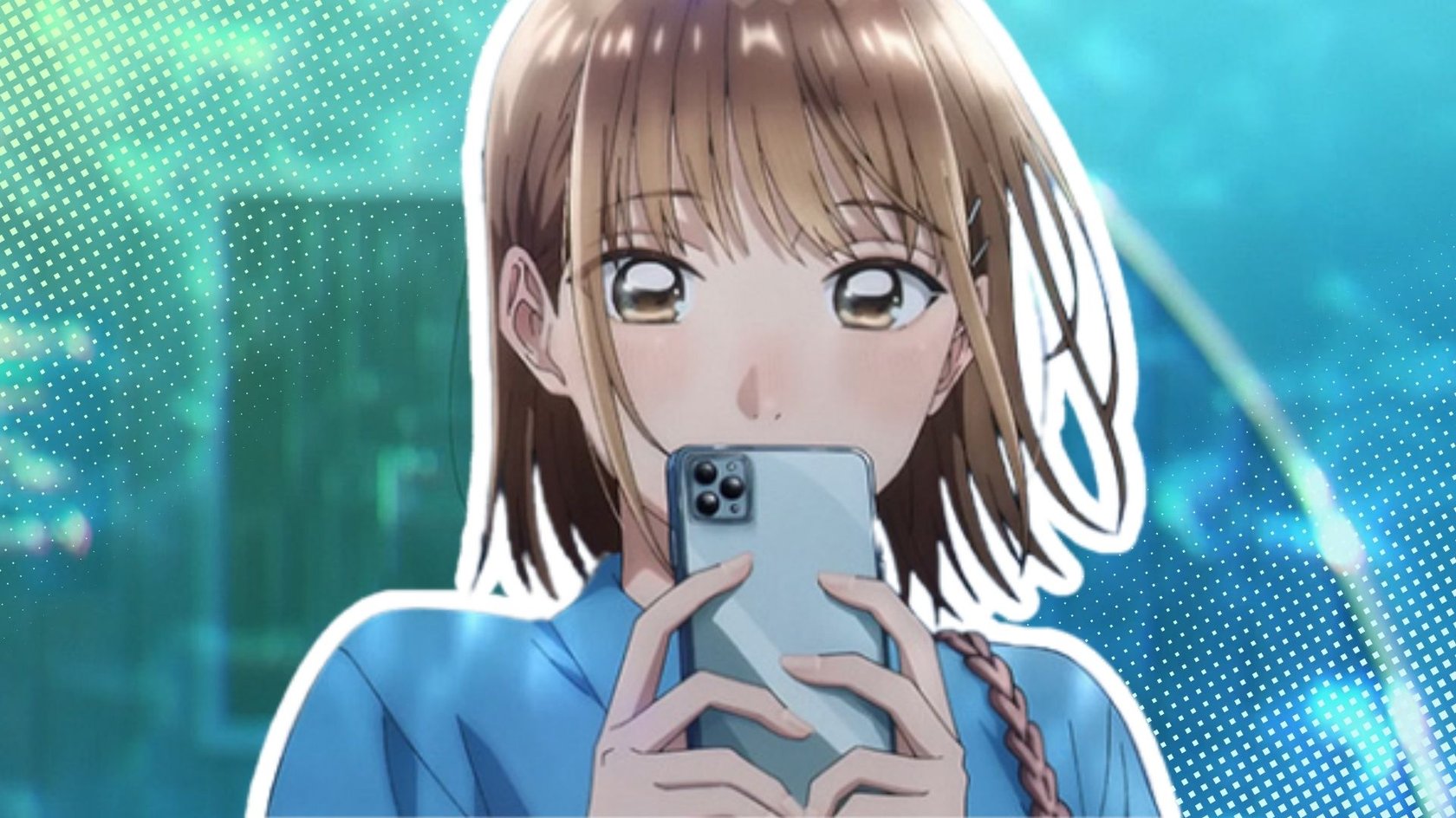 Das Bild zeigt Chinatsu. Sie hält mit beiden Händen ihr Handy vor ihr Gesicht. Sie ist weiß umrandet und hervorgehoben.