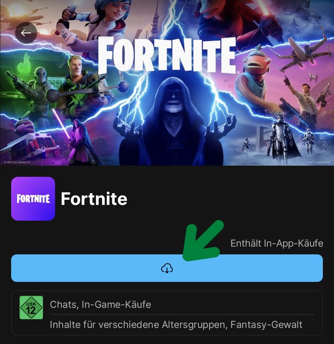 Tippt abschließend auf den Button "Installieren" beziehungsweise das Cloud-Symbol, um Fortnite auf euer Handy oder Tablet herunterzuladen.